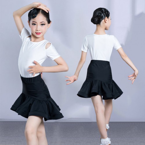 Children dark green white  Latin dance dresses girls Latin ballroom dance clothes girls practice short-sleeved tops and skirts